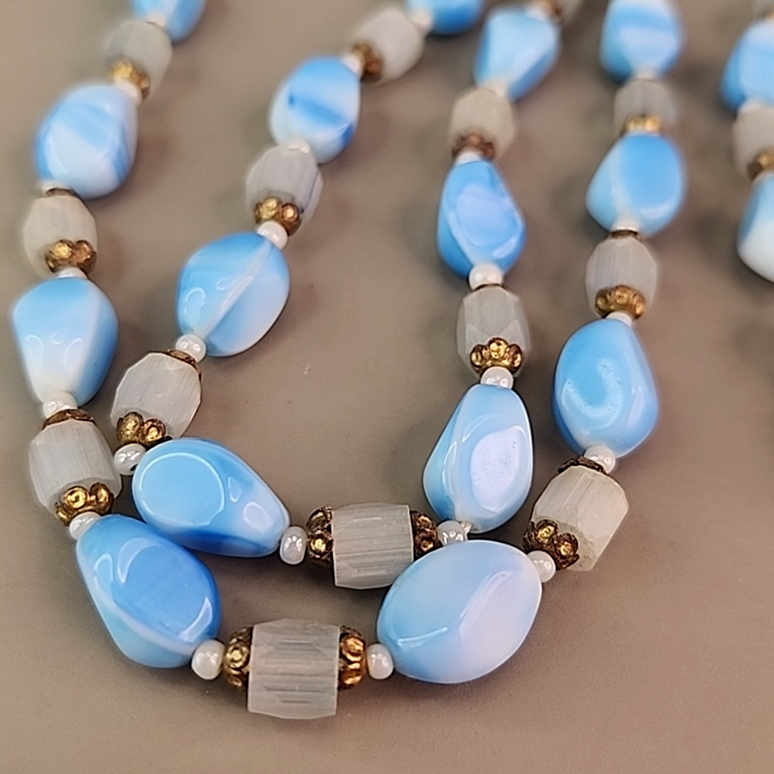 Vintage Glass Beaded Necklace Oval Blue White Frosted Atlas Endless 34″