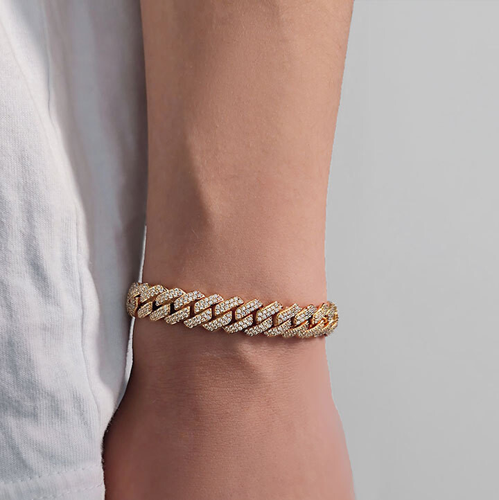 Gold Plated Stainless Steel 10MM Iced Out Miami Cuban Link Chain Bracelet White