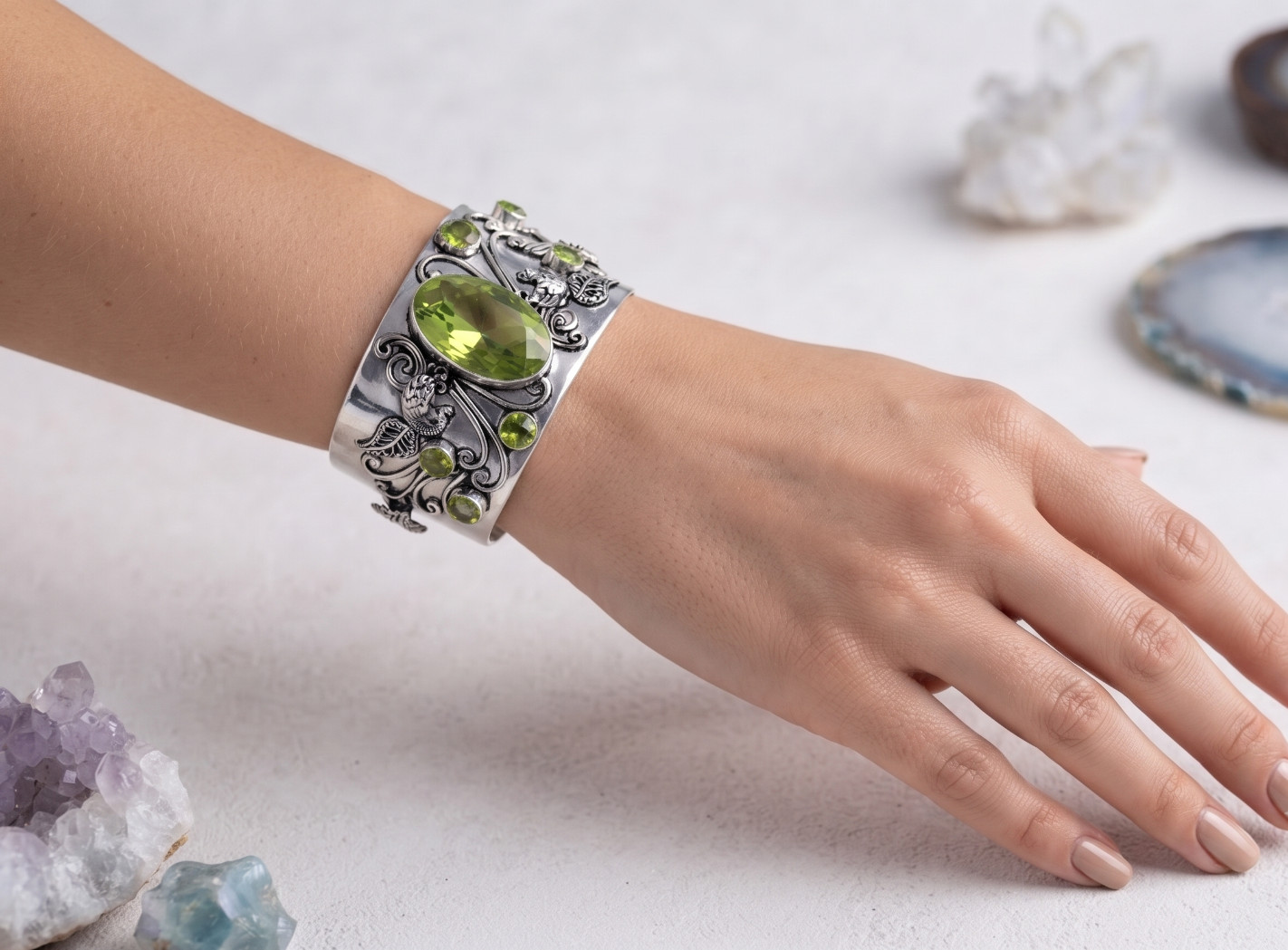 Green Peridot Cuff Bracelet 925 Sterling Silver Handmade Gemstone Jewelry ADJ”