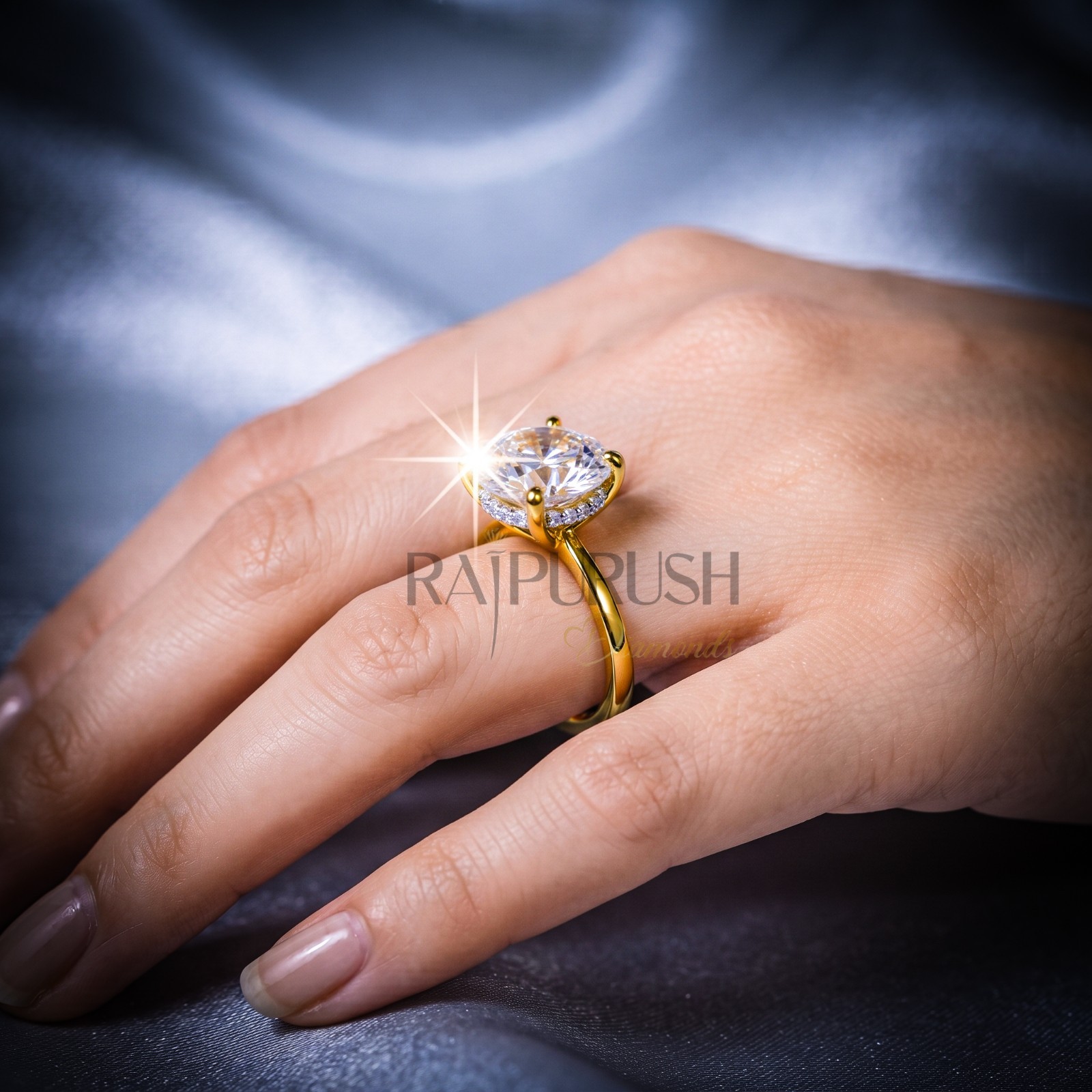 Round Cut Moissanite Hidden Halo Engagement Ring 925 Sterling Silver Bridal Band