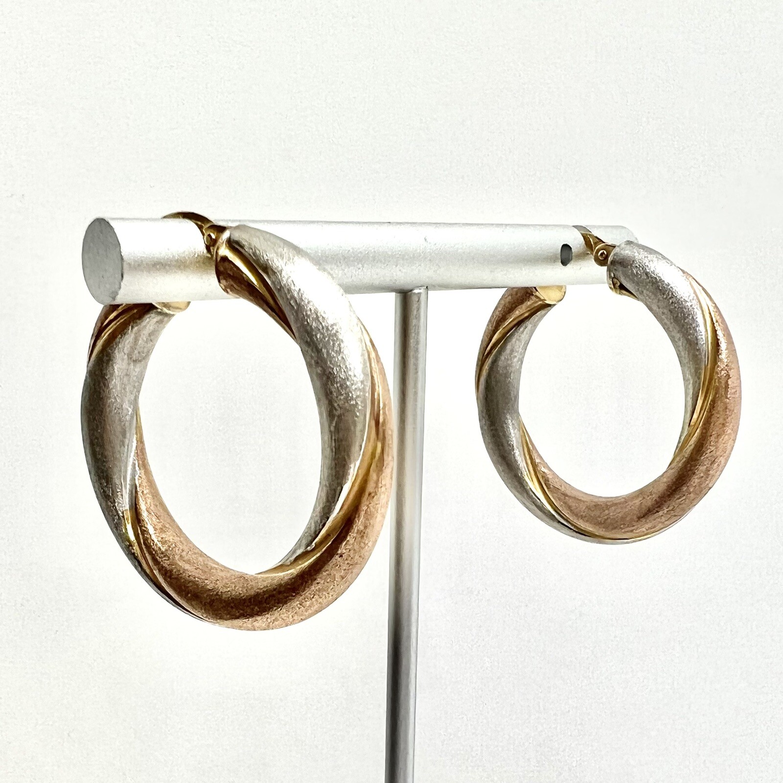 Satin Brushed Texture Hollow 14k Gold Italy Tri Color Hoop Earrings 4.82 Grams