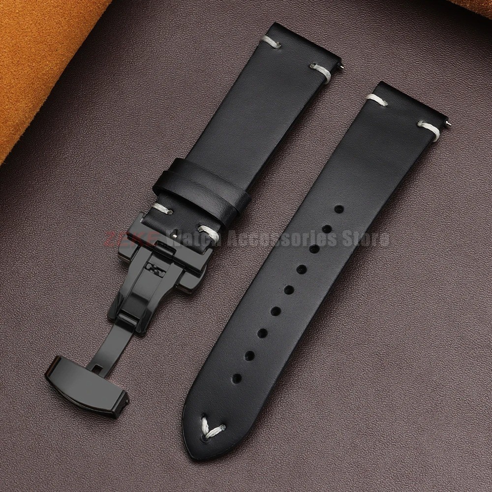 Genuine Leather Butterfly Buckle Watch Bands 18/20/22mm Waterproof Retro Oil Wax
