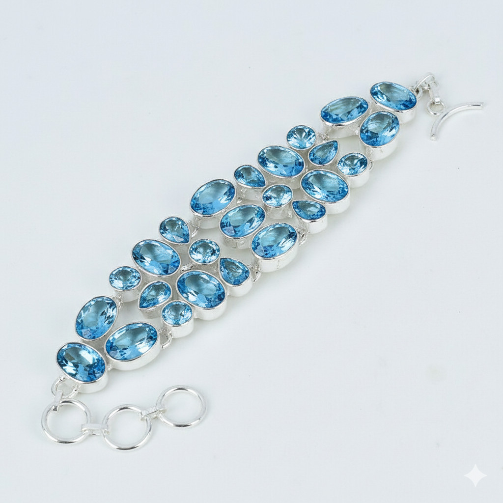 Swiss Blue Topaz Gemstone Bracelet 925 Sterling Silver Handmade Jewelry S-8.50″