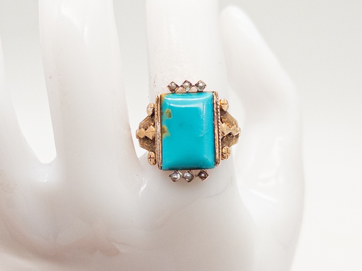 Antique Victorian 1880s $2400 4ct Turquoise Pearl 14k Yellow Gold Band Ring 4g