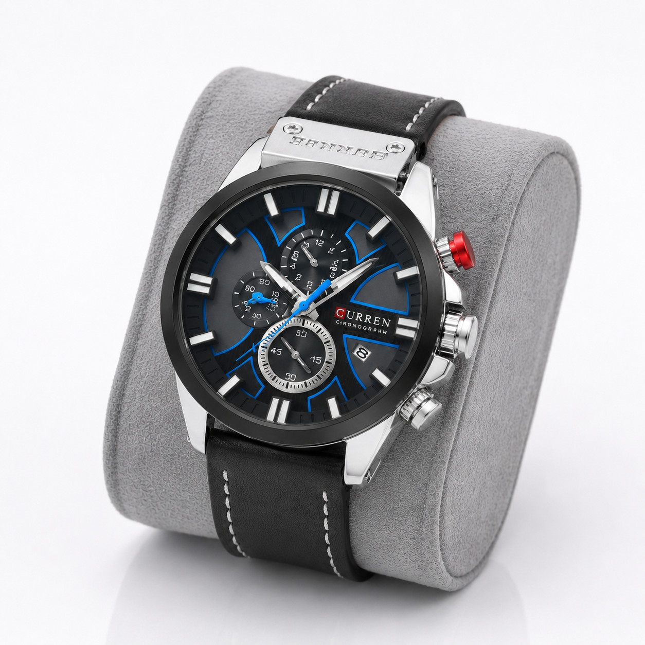 CURREN Men’s Quartz Chronograph Watch Black Leather Strap Luminous Waterproof