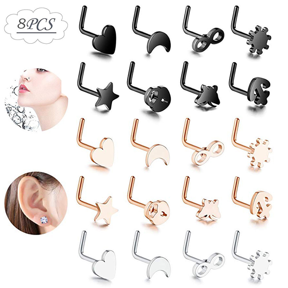 8 pcs Nose Ring L Shape Lip Ear Studs 20G Surgical Steel Mix Style Piercing Set