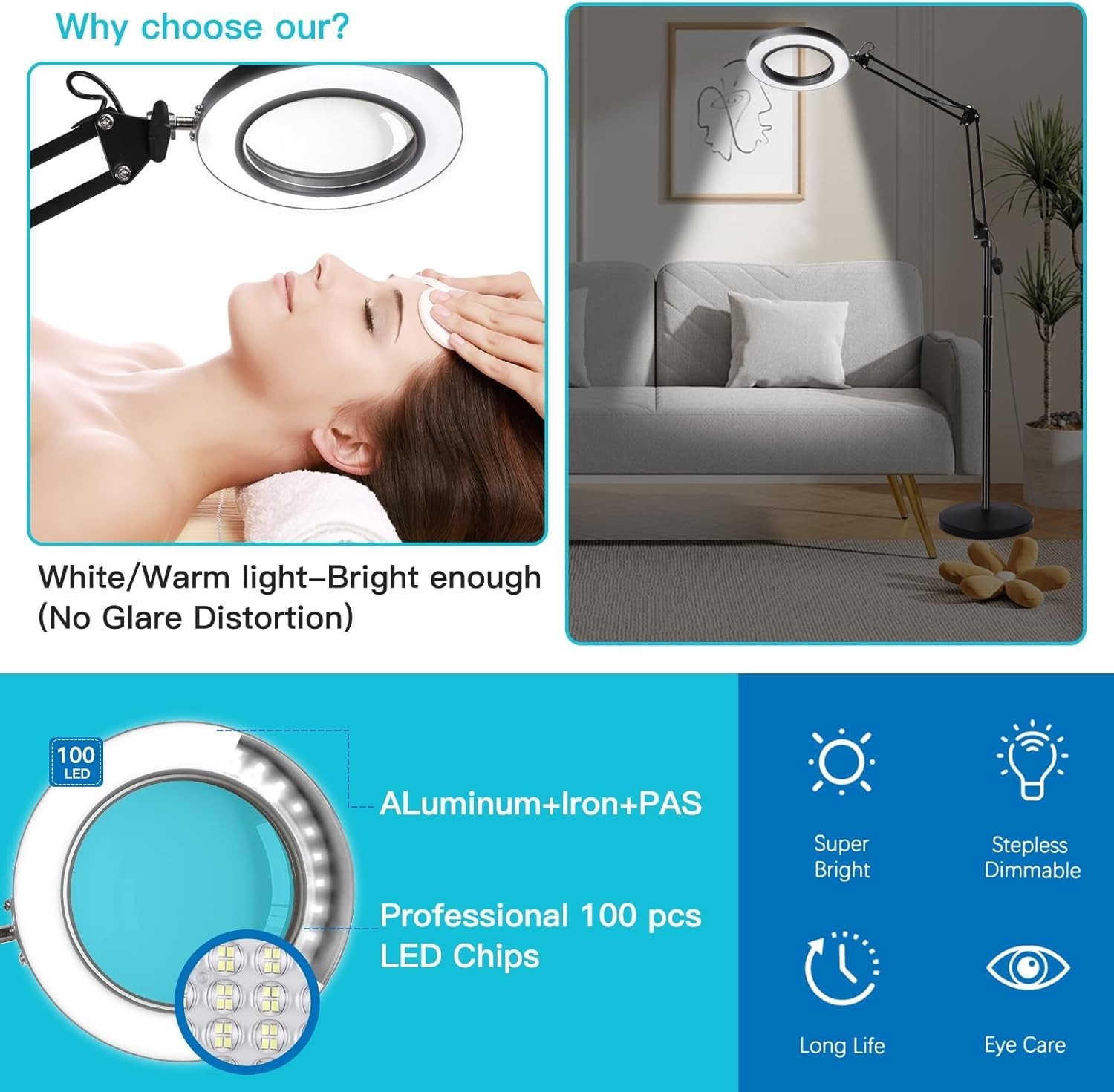 ZABOUL 10X Magnifying Floor Lamp, 3-in-1 Hands Free Magnifying Glass with Light