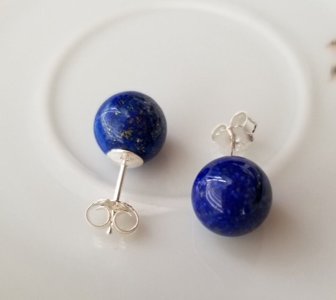 Solid 925 Sliver Natural Blue Lapis Lazuli 10mm Round Ball Stud Earrings
