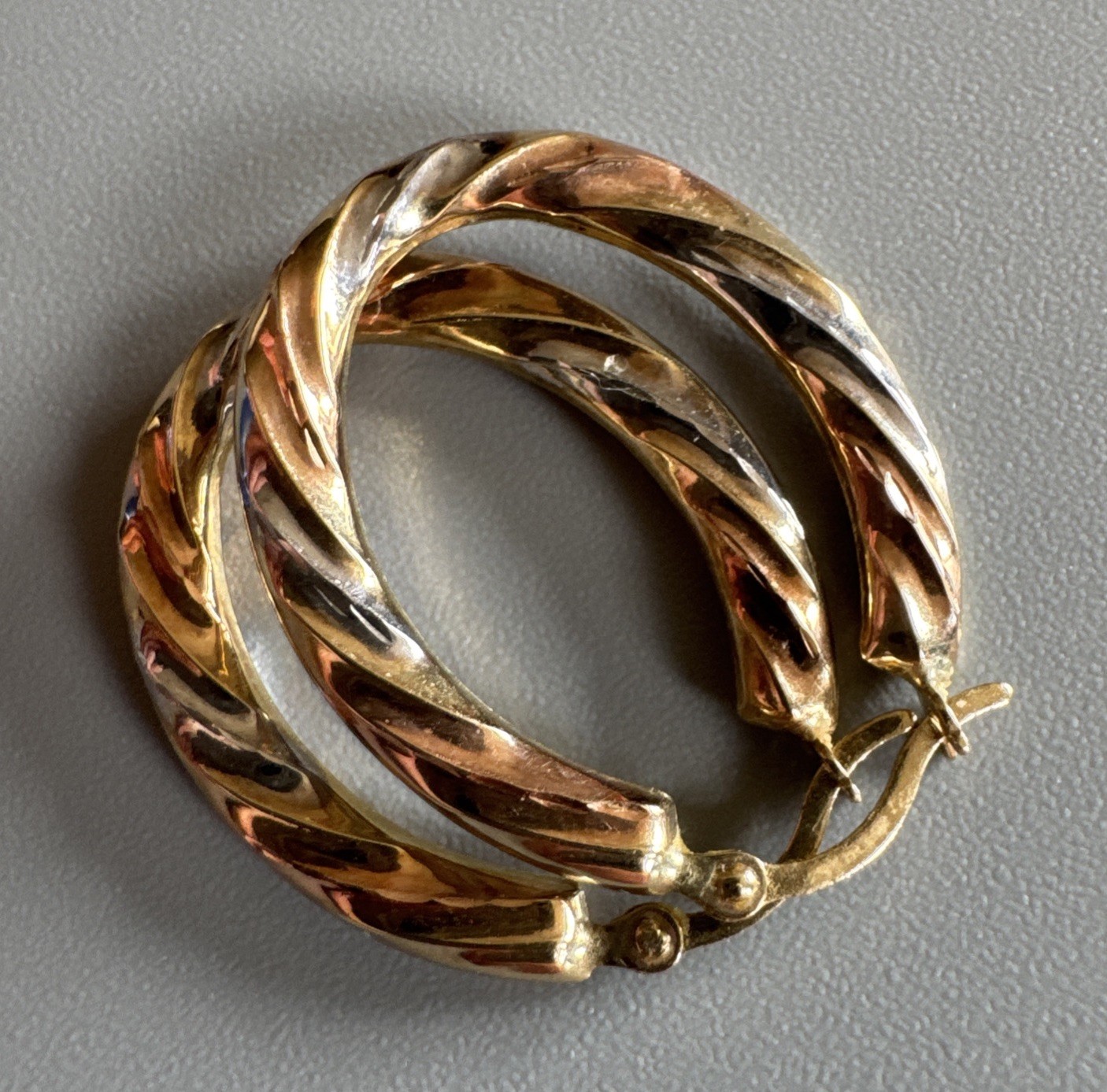 9ct Yellow, Rose & White Gold Twist Oval Creole Hoop Earrings 24.7mm Long 0.78g