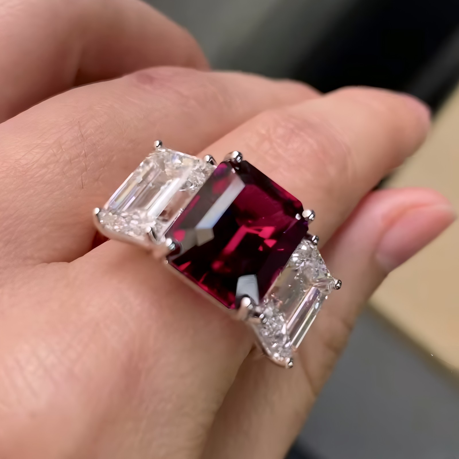 Natural Purple Amethyst Emerald Cut Ring 925 Sterling Silver Three Stone Jewelry