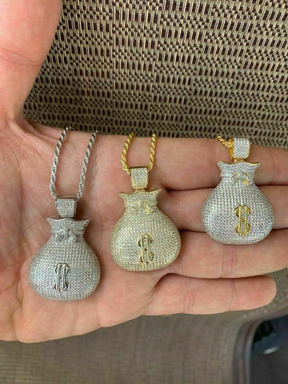 Solid 925 Silver 14k Gold Plated Money Bag CZ Dollar Sign Hip Hop Necklace