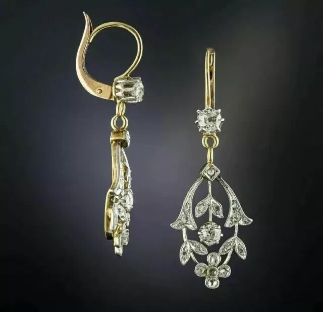 Art Deco Drop Dangle Earring Round Cut Simulated Diamond 14k Yellow Gold Plated