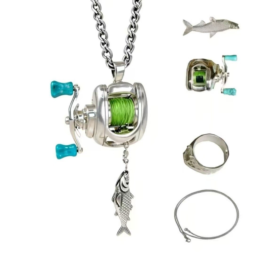 Rotating Handle Fishing Reel Necklace Or Ring Mini Alloy Reels Pendant Necklace