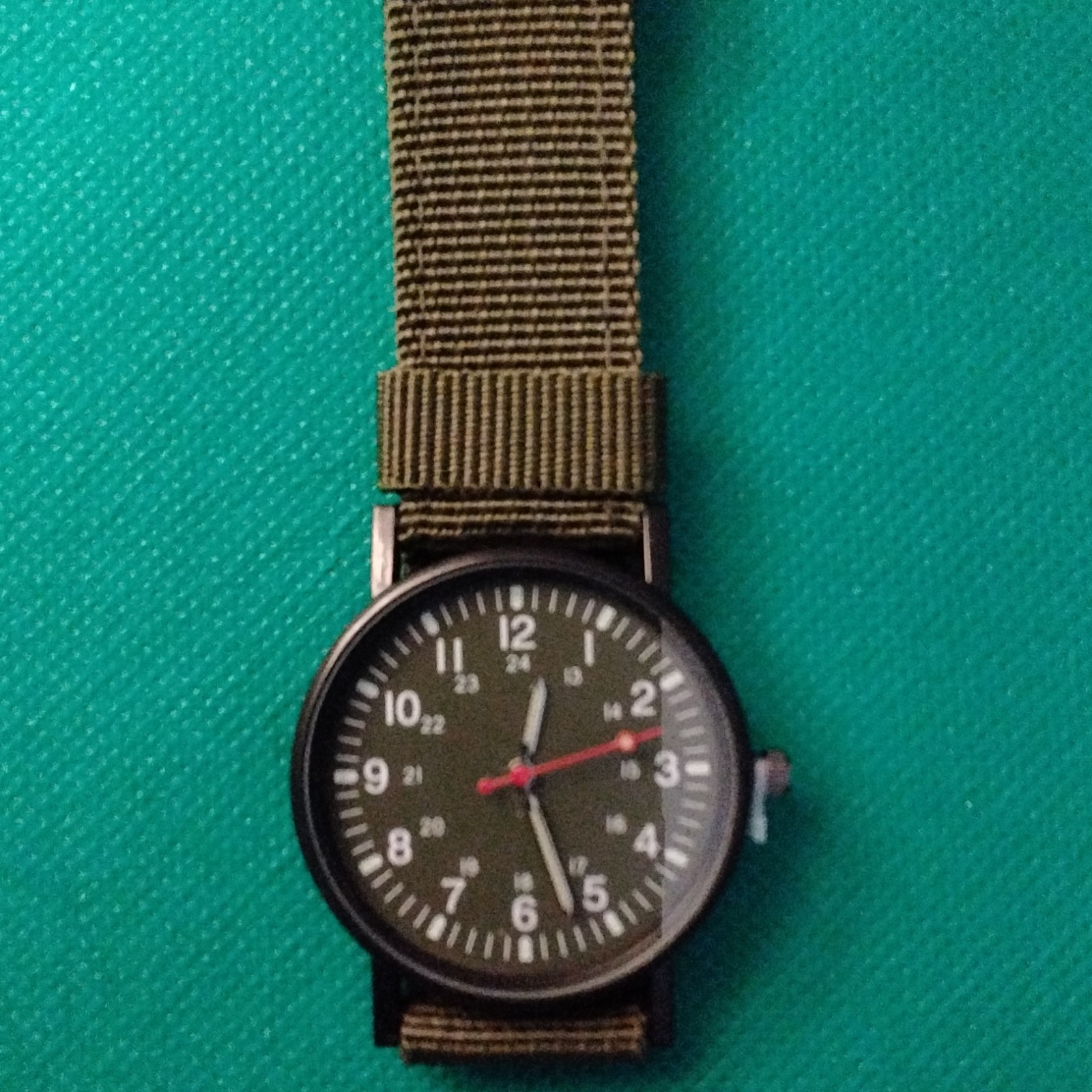 Analog Wristwatch Green Dial Arabic Numerals Black Case Green Nylon Strap