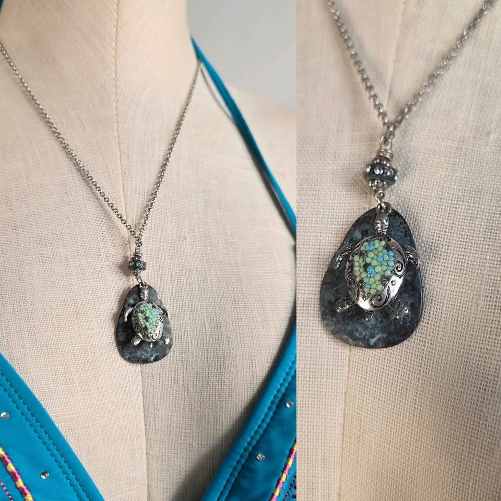 Sea Turtle Necklace Coastal Boho Beach Sliver Tone Jewelry