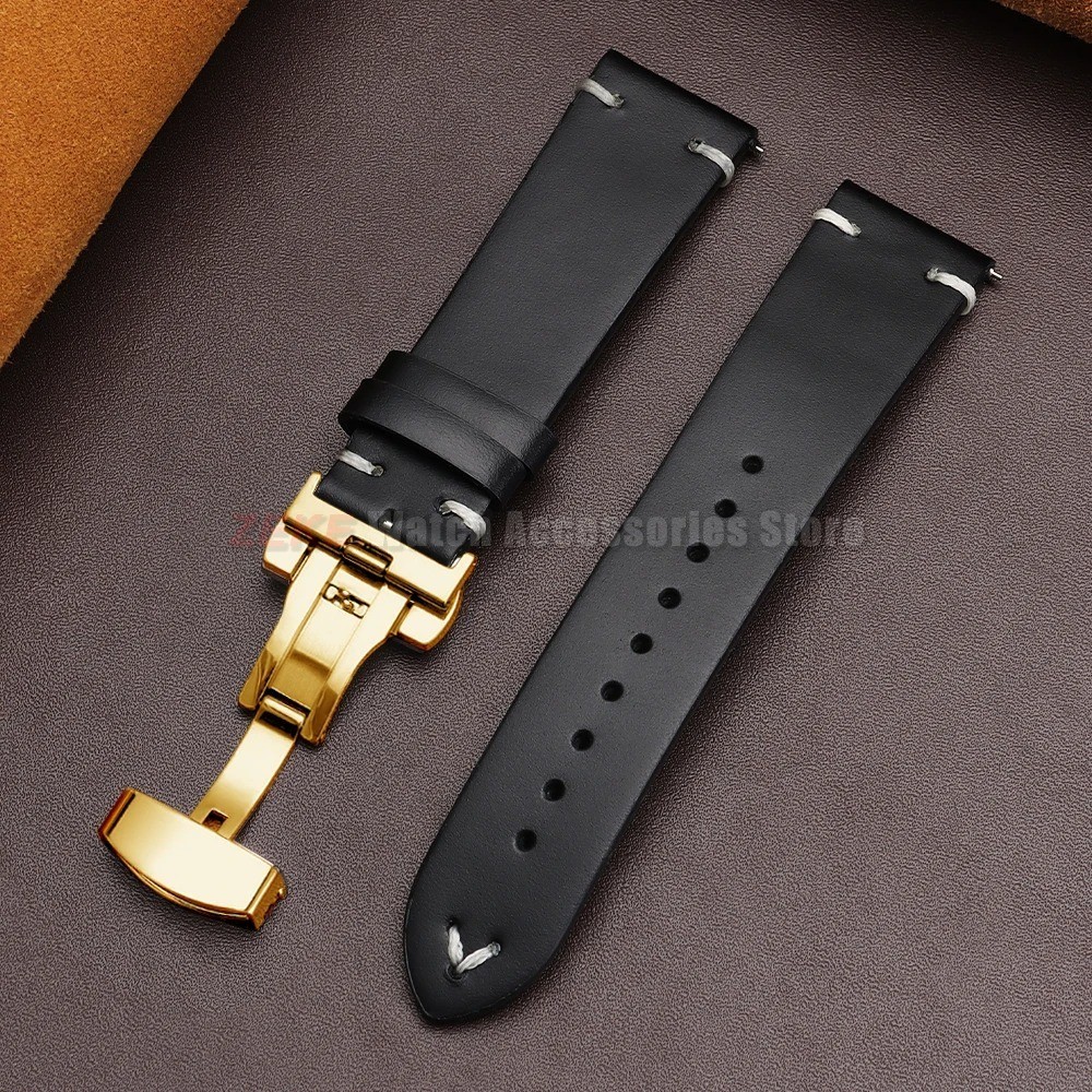 Genuine Leather Butterfly Buckle Watch Bands 18/20/22mm Waterproof Retro Oil Wax