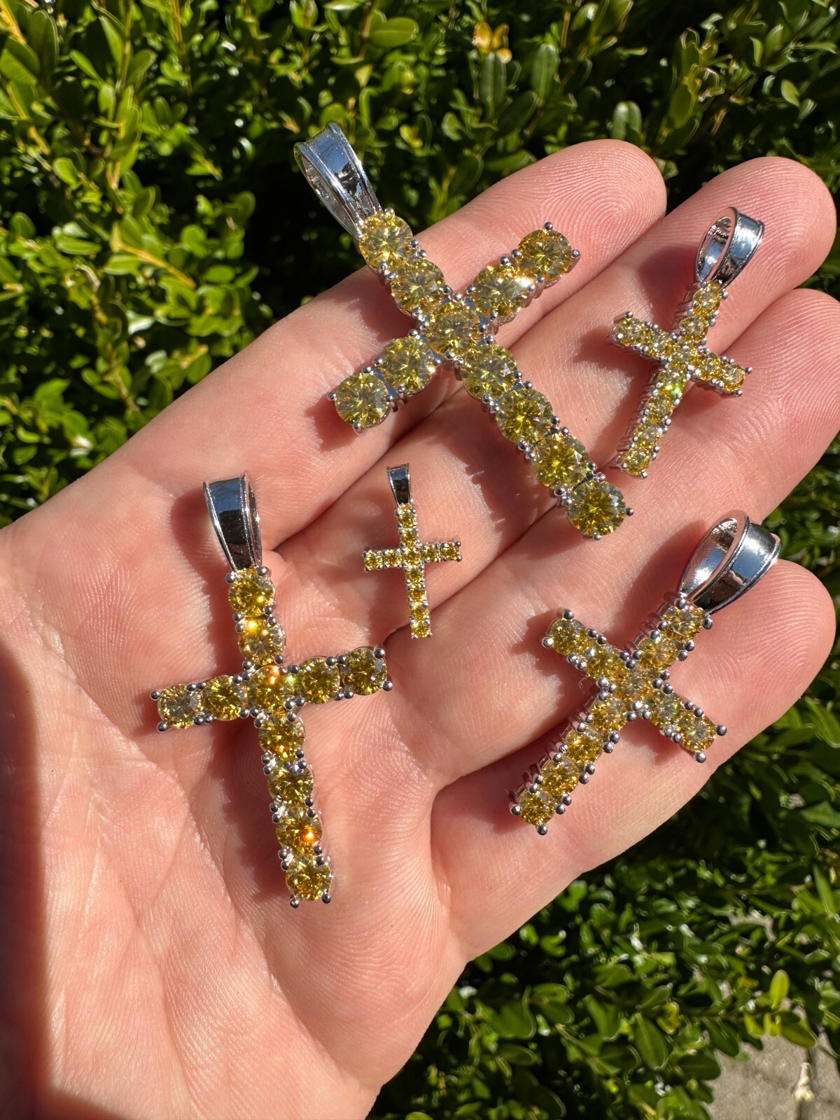 Yellow Canary MOISSANITE Real 925 Silver Cross Iced Pendant Necklace Hip Hop