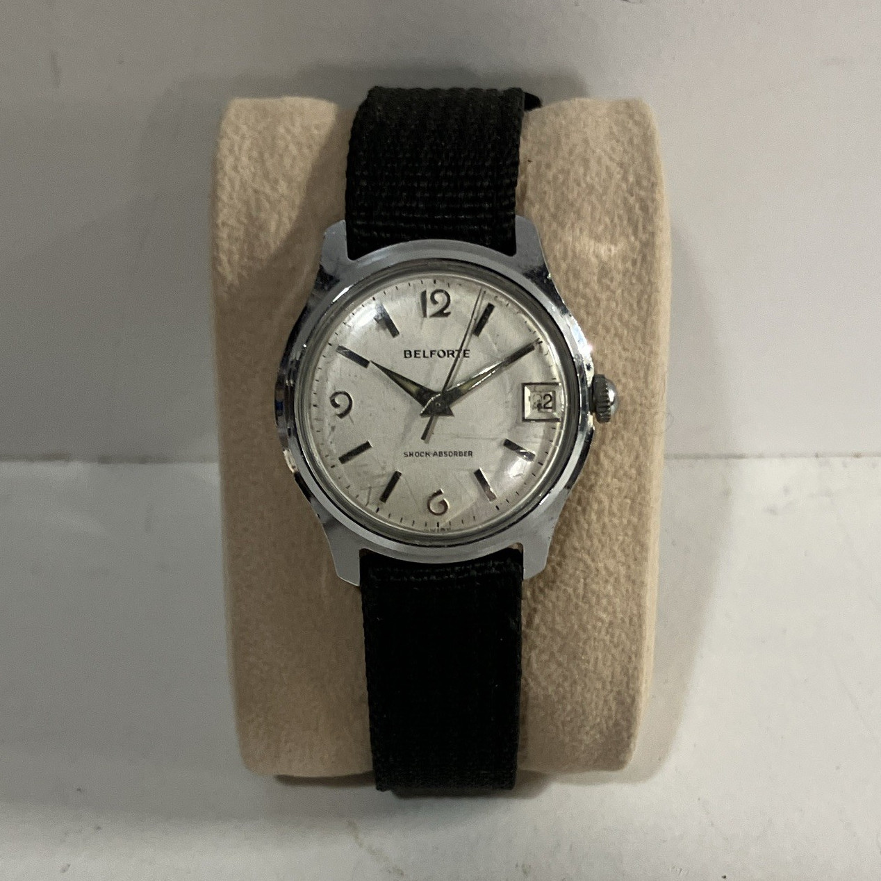 Belforte Shock Absorber Manual-Wind Date Silver Dial Black Nylon Strap
