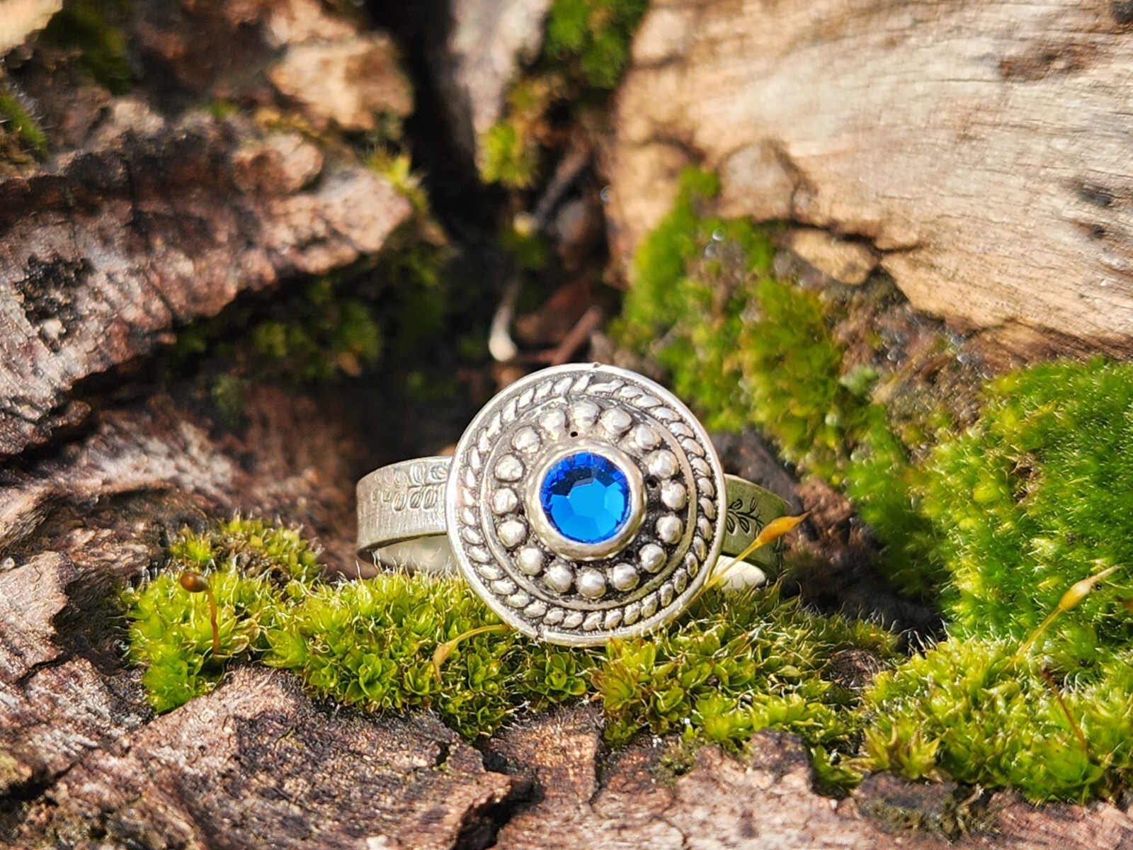 Handmade Sterling Silver Blue Swarovski Crystal Ring, Size 9.5, Leaf Leaves Band