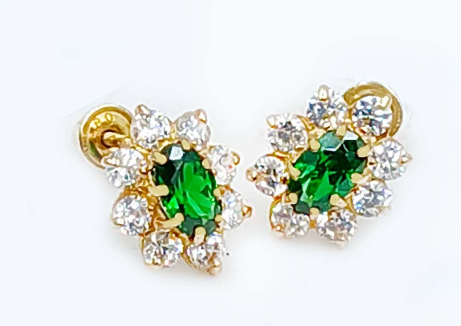 LAB CREATED EMERALD & WHITE SAPPHIRE STUD FLOWER EARRINGS 14K GOLD – Screw Back