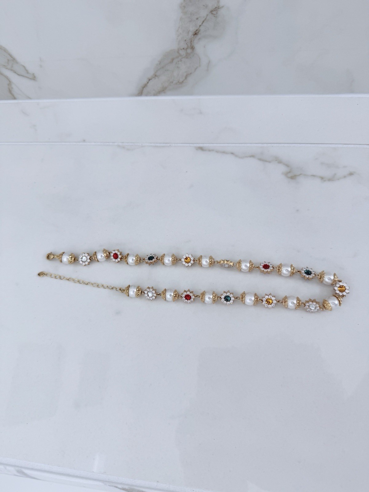 18K Gold Plated Brass Faux Pearl & CZ Floral Statement Necklace
