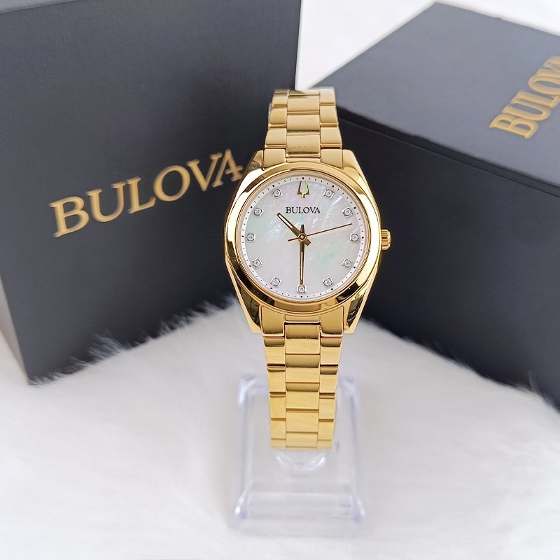 Bulova Surveyor 97P172 Gold Tone Pearl Dial Diamond Quartz Women’s Watch 31mm