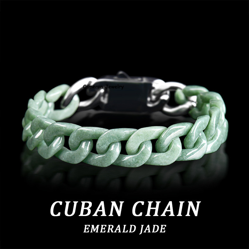 Real Grade A Natural Green Jade Jadeite Bracelet Cuban Curb Link Chain 5.9-9.4in