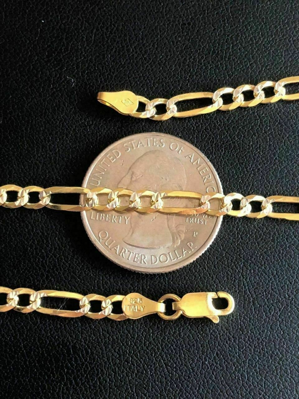 Figaro Chain Two Tone 14k Gold Plated Solid 925 Silver Diamond Cut Men Women 4mm