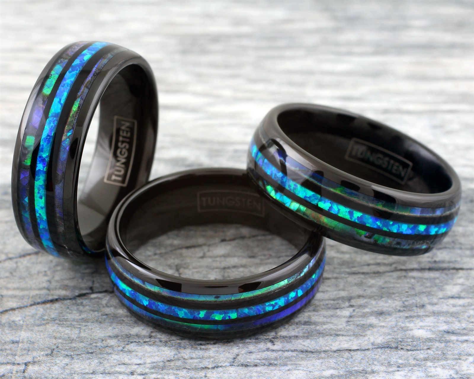 8mm Black Tungsten Carbide Abalone Hawaiian Blue Opal Men’s Wedding Band Ring