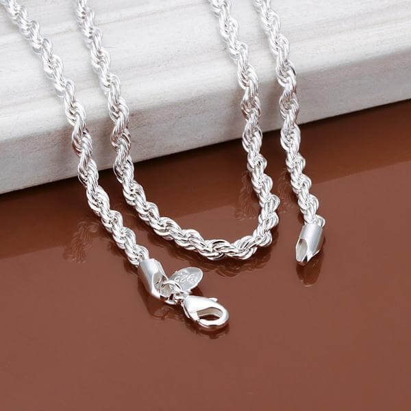 Solid Silver Twisted Rope Chain Necklace 3mm Thick 16″ 18″ 20″ 22″ 24″ 26″ 28″