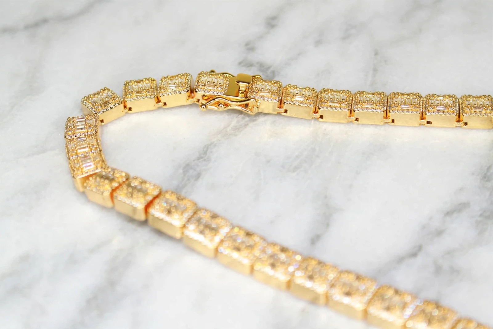 14k STAMPED Gold 10mm BAGUETTE Tennis 124ct Lab Sim Diamond Chain 143g Gold