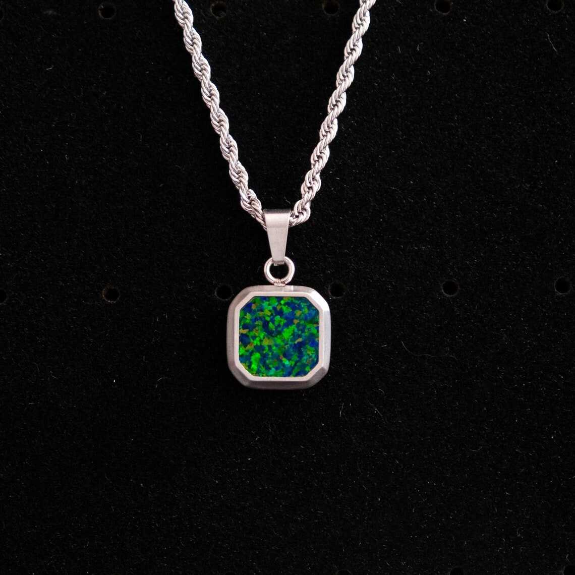 Fire Opal Men’s Square Pendant Stackable Minimalist Sterling Silver Jewelry Gift