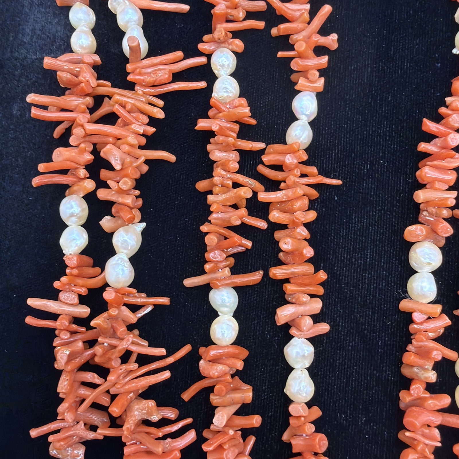 60 inch Natural Coral and Pearl Necklace 14k Clasp Vintage Very Good Condition