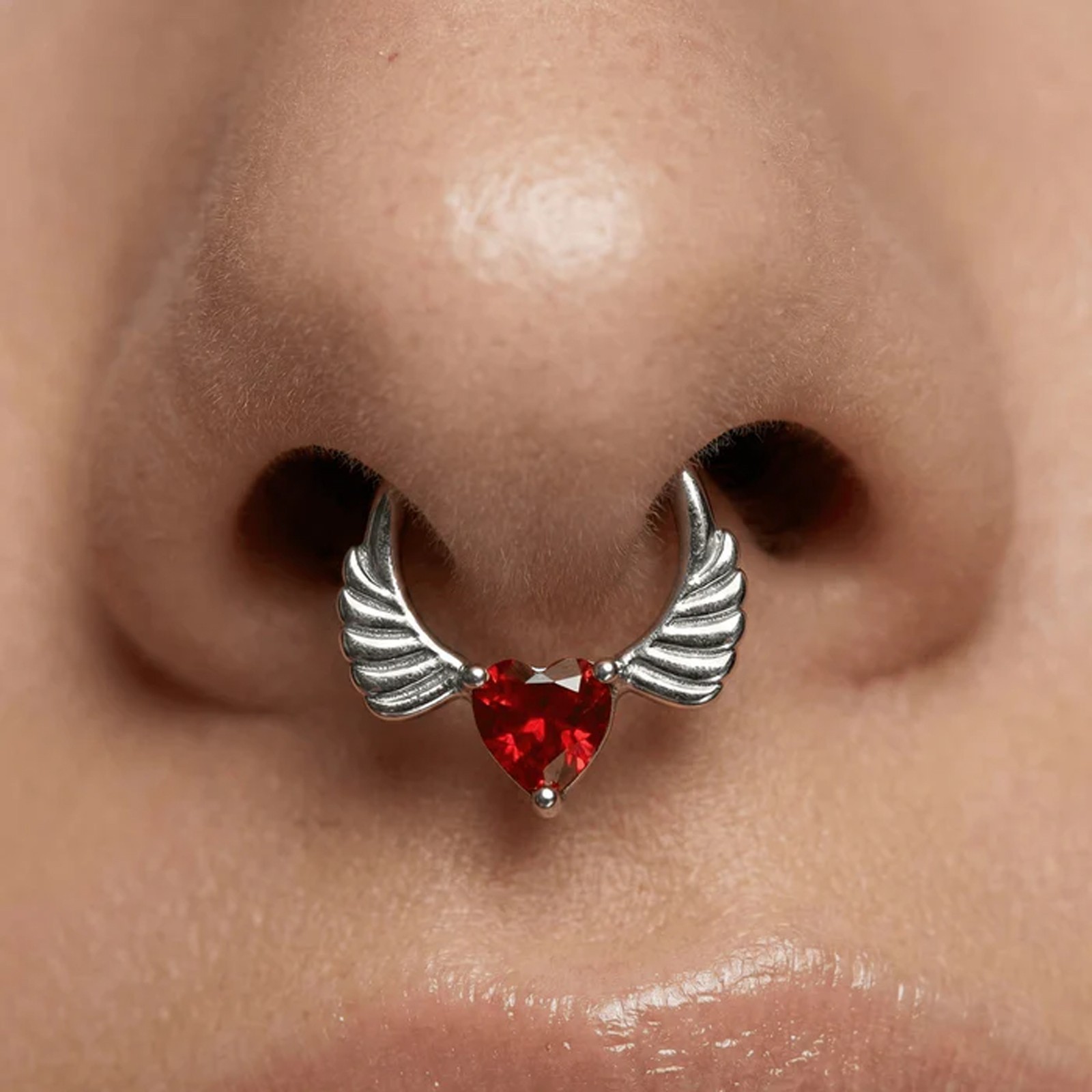 316L Surgical Steel Angel Wings Red Heart CZ Septum Clicker Hinged Nose Ring