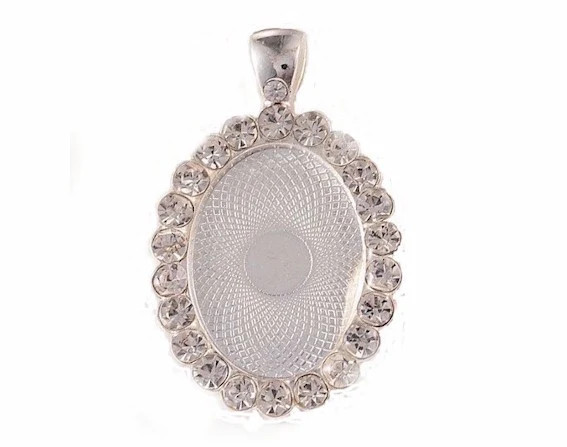 25x18mm Bright Silver Rhinestone Cabochon or Cameo Setting with Bail 959x