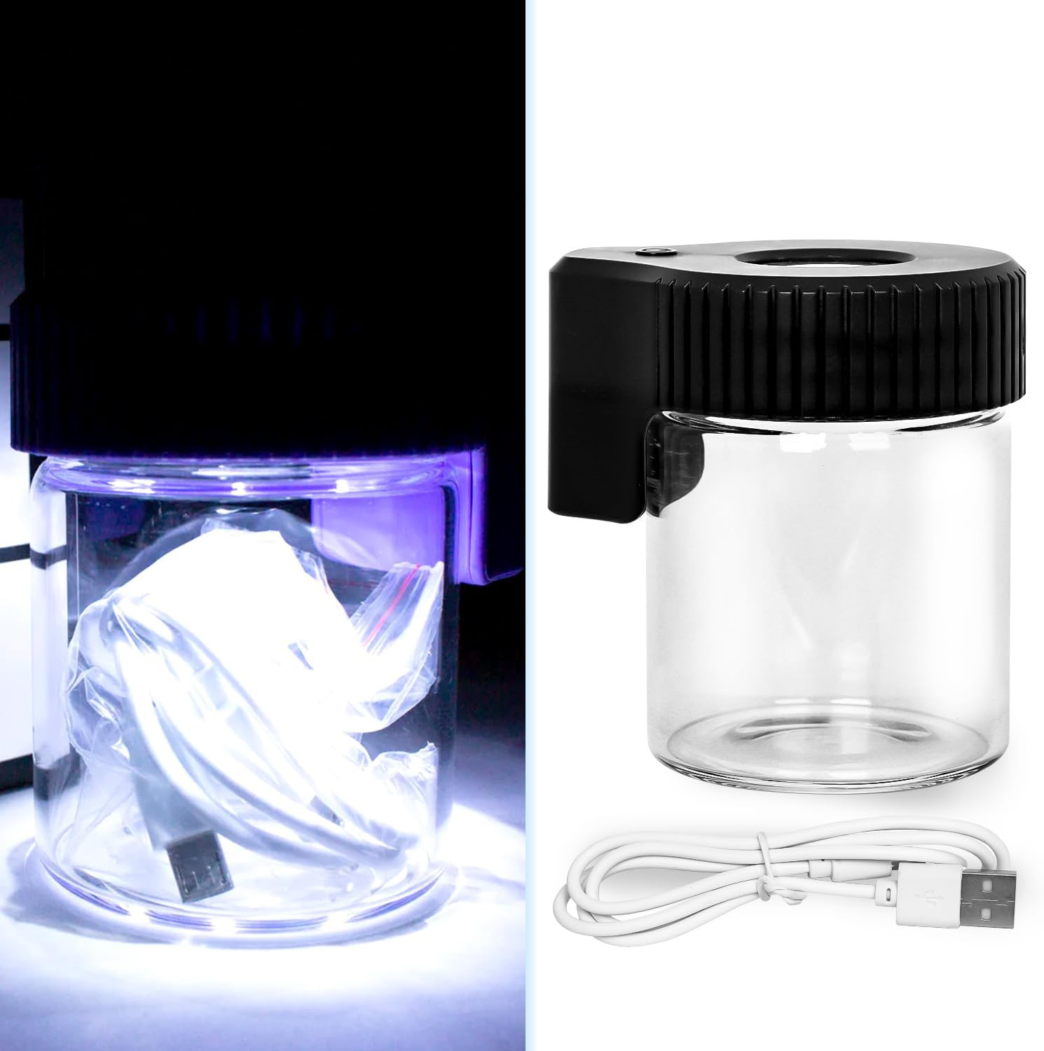 Magnifying Viewing Jar with LED Light, Transparent Light-Up Glass Storage Stash
