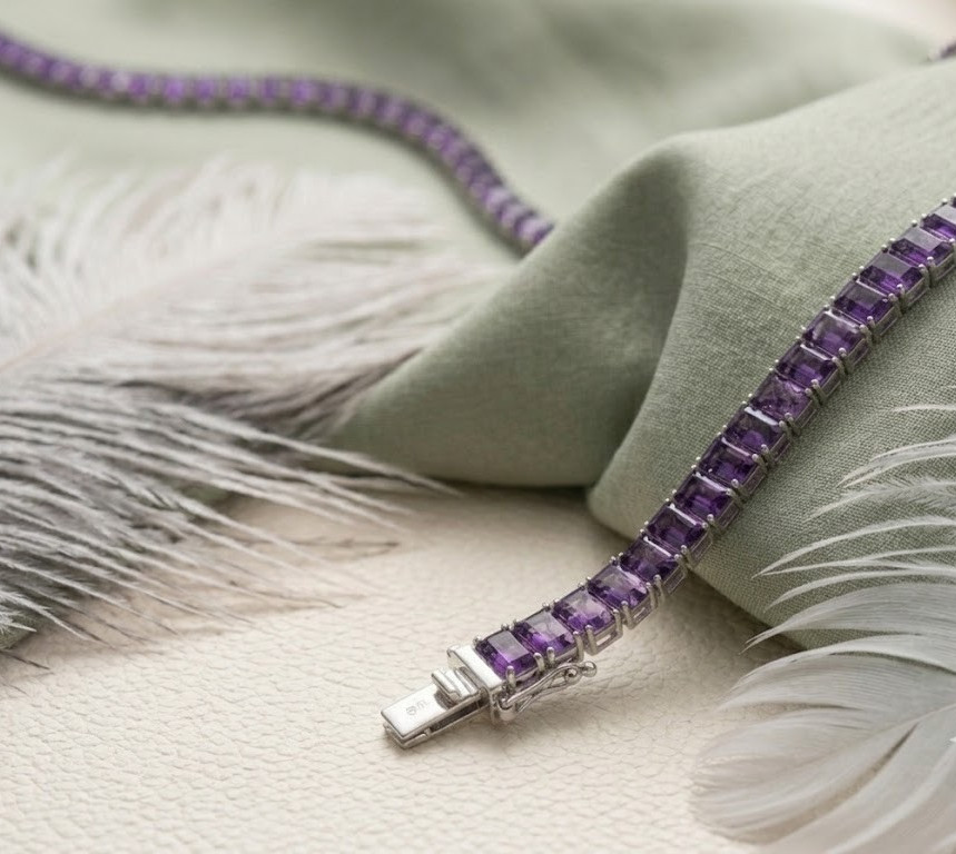 Purple Emerald Cut Tennis Necklace, Amethyst Choker, In 925 Sterling Silver