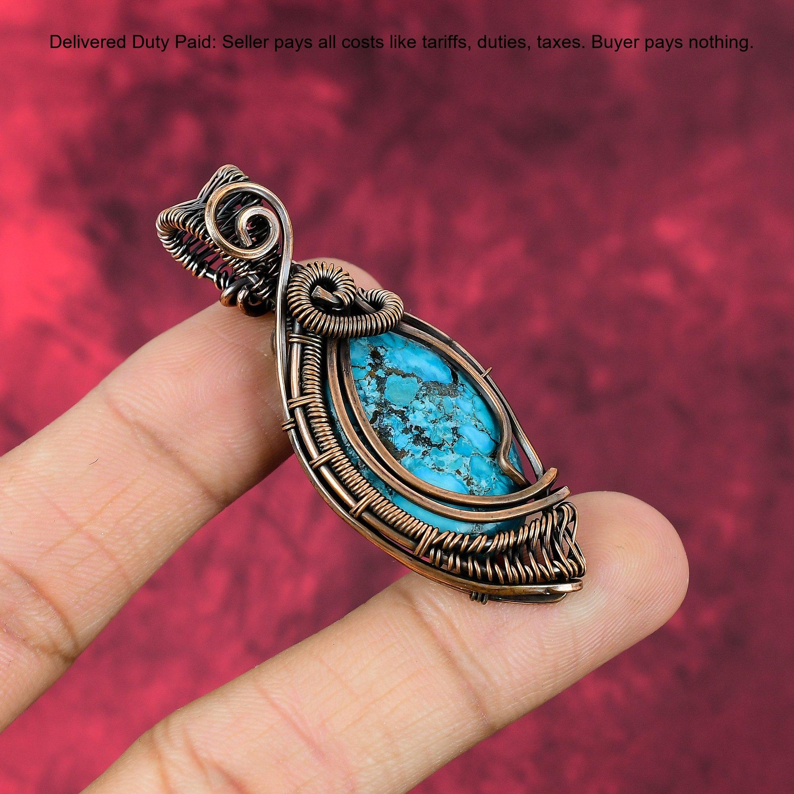 Tibetan Turquoise Stone Copper Wedding Wire Wrapped Engagement Pendant Jewelry
