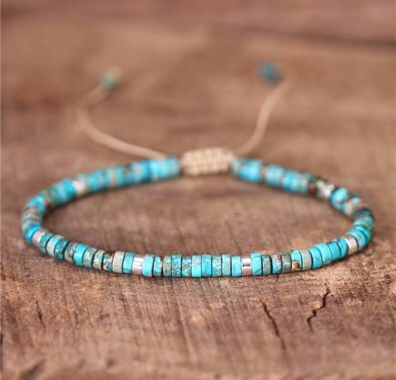 Natural Blue Turquoise Small Dainty Beads Healing Gemstone Women Men Bracelet