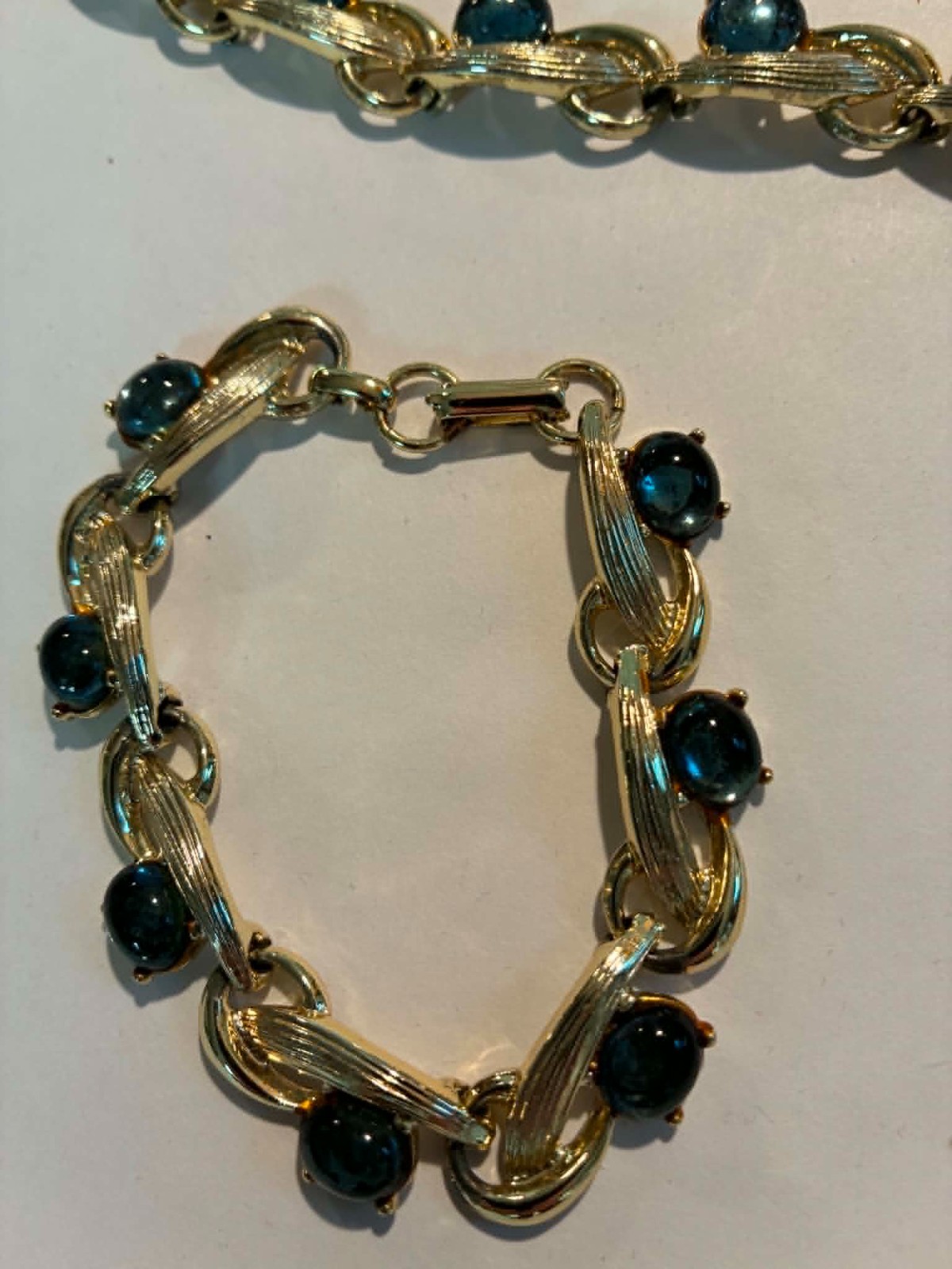 Vintage B&F 5th Ave Parure Set Blue Foil-Backed Cabochon Textured Gold