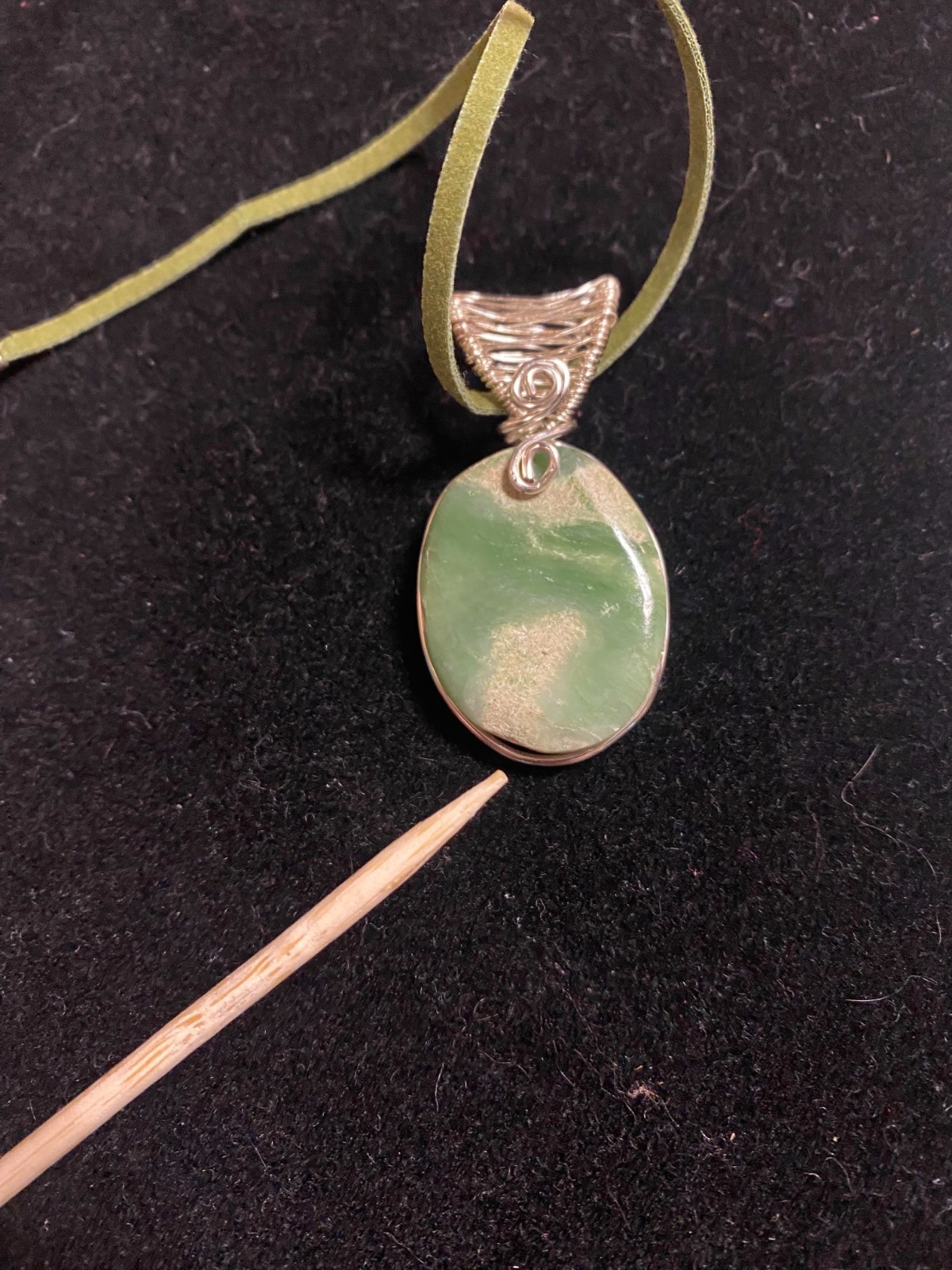 Green & Cream Colored Jade Oval Cabochon Silver Wire Wrap Pendant Suede Band