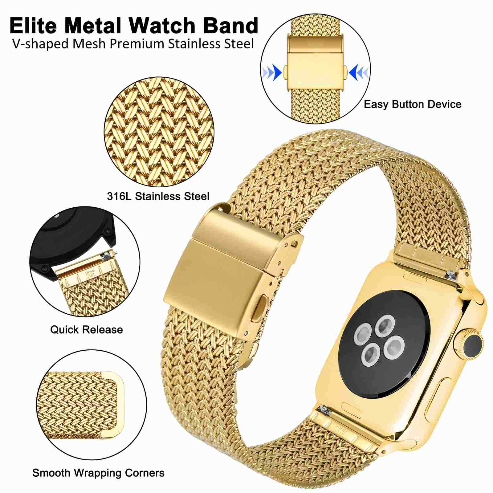 WOCCI Metal Woven Mesh Watch Strap 14mm 16mm 18mm 20mm 22mm,316L Stainless Steel