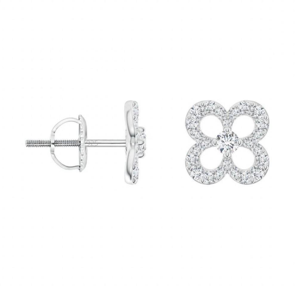 Solid 925 Sterling Silver CZ Cubic Zirconia Flower Stud Screwback Earrings