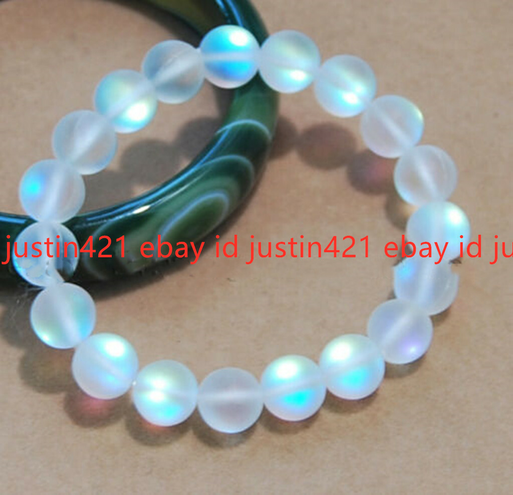 Natural 6/8/10/12mm White Gleamy Rainbow Moonstone Gemstone Bracelet 7.5” AAA+