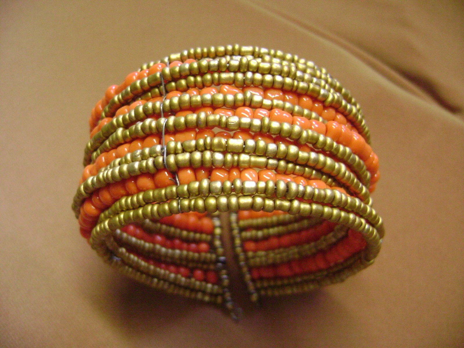 ORANGE & GOLD GLASS BEADED WIDE OPEN CUFF STRETCH BRACELET!!!