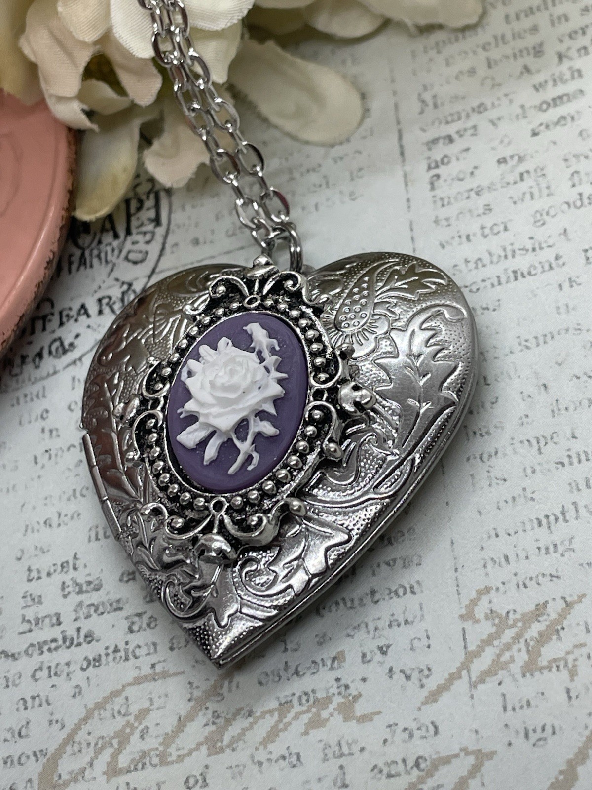Heart Silver Locket Purple & White Birthday Gift Rose Necklace Photo wedding