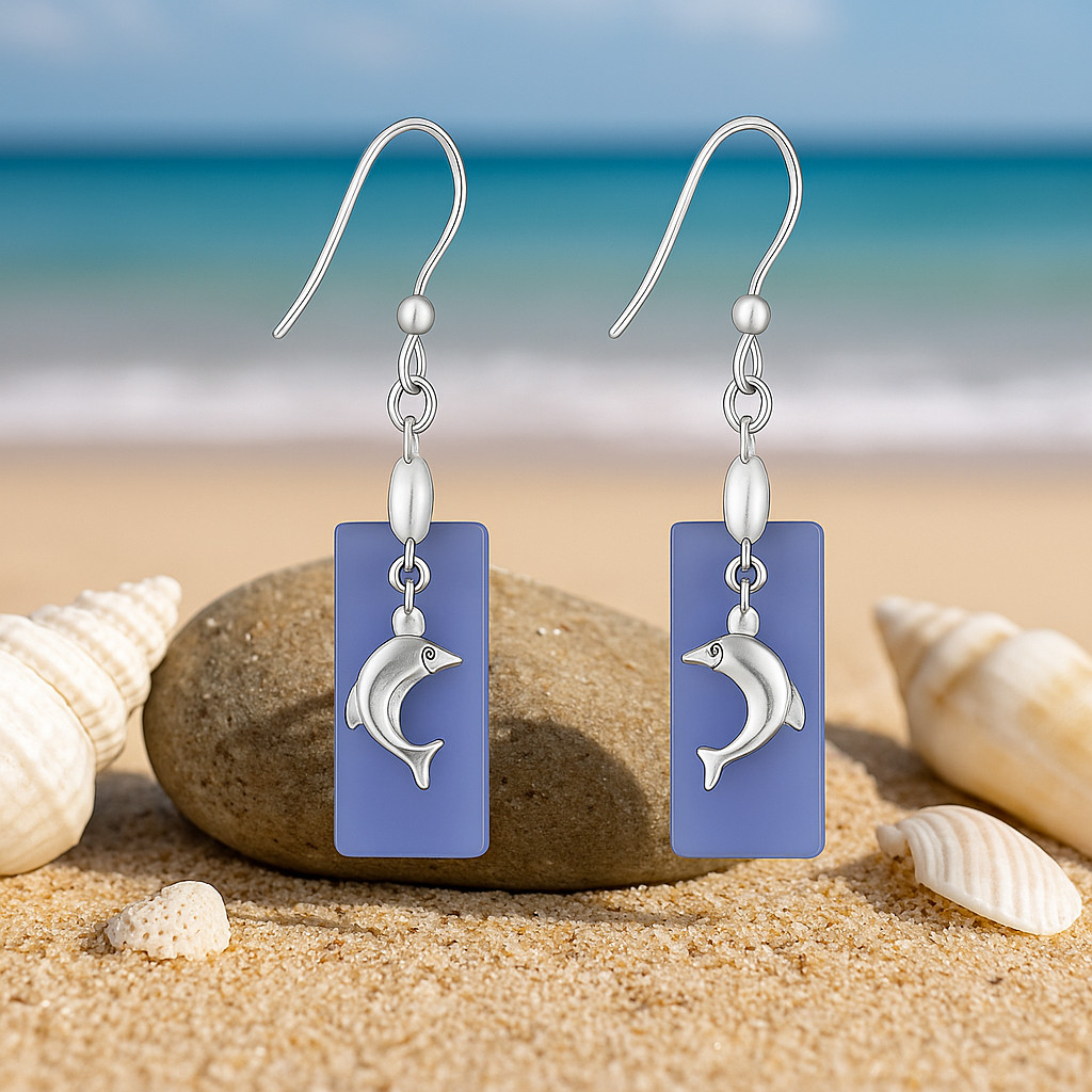 Bohemian Vacation Style Sea Glass Earrings – Beach Dolphin Dangle Earring Set