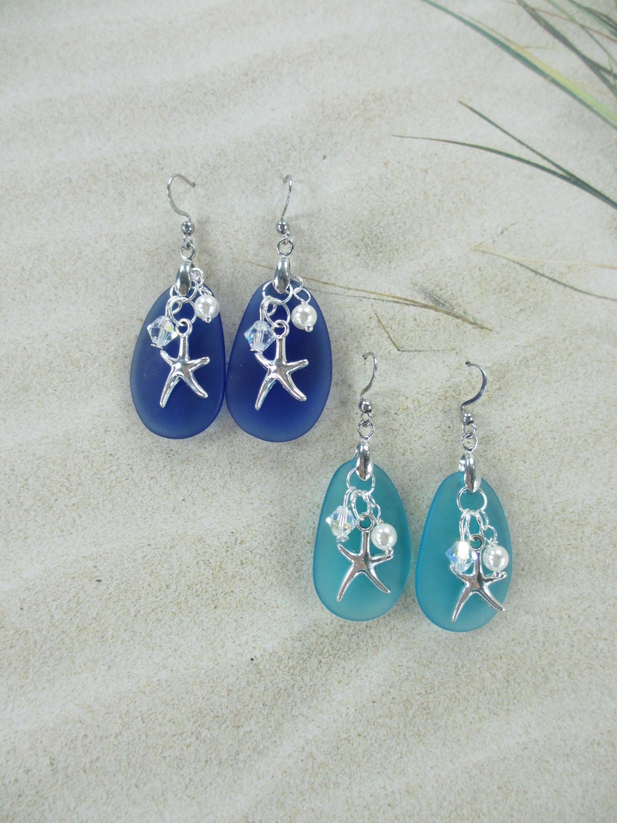 Sea Glass Earrings Made With Swarovski Crystal Bead Pearl Drop Starfish Beach