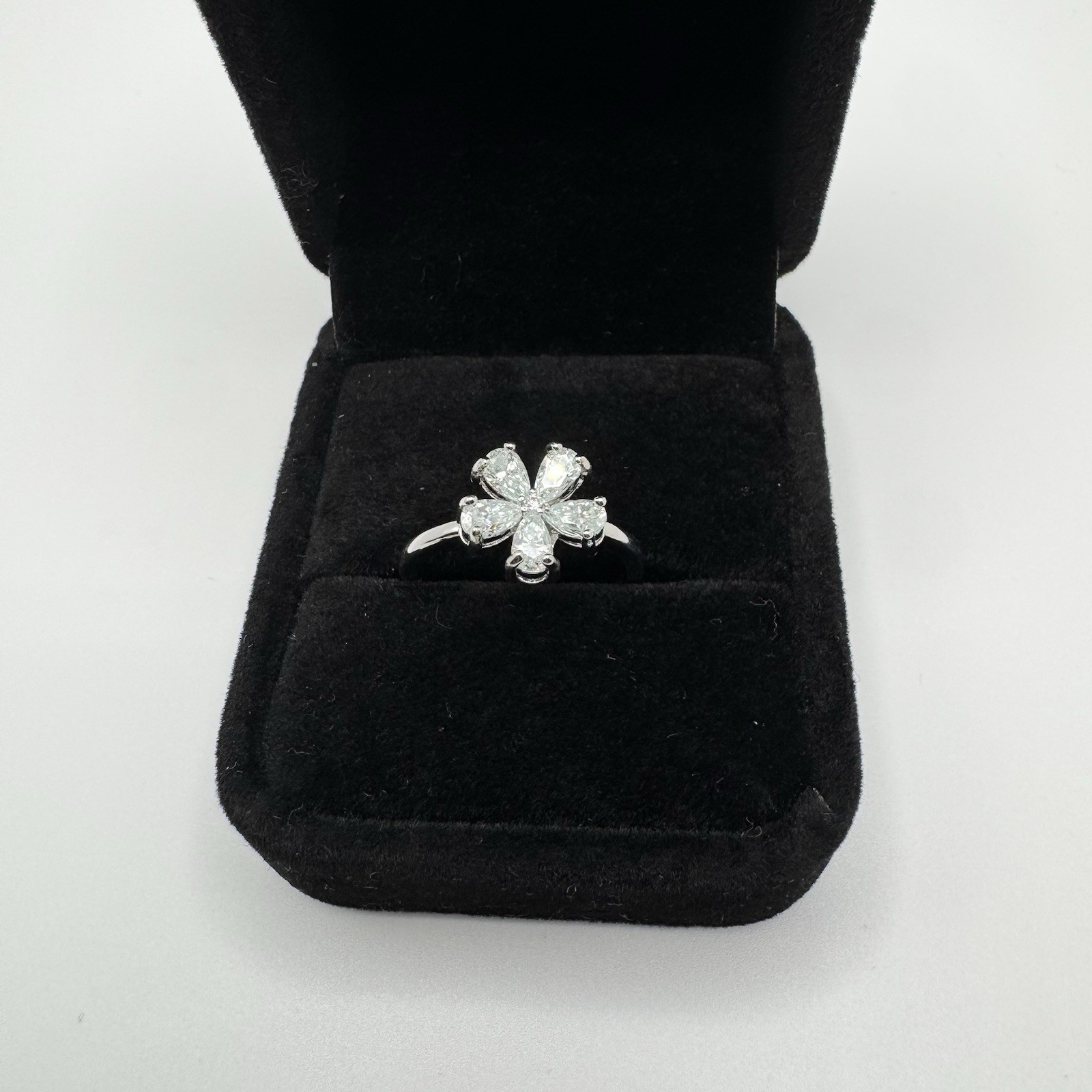 Silvertone Moissanite Floral Cluster Ring With Five Pair Shaped Petals