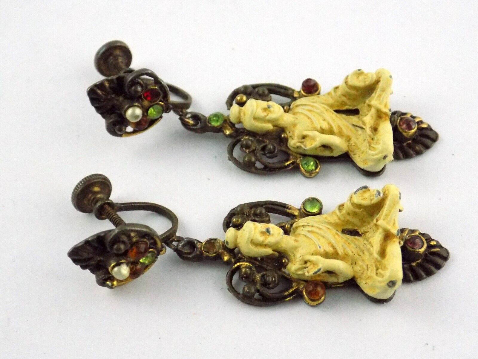 Vintage Painted Brass and Buddha Figurine Screwback Earrings Unsigned Rhinestone